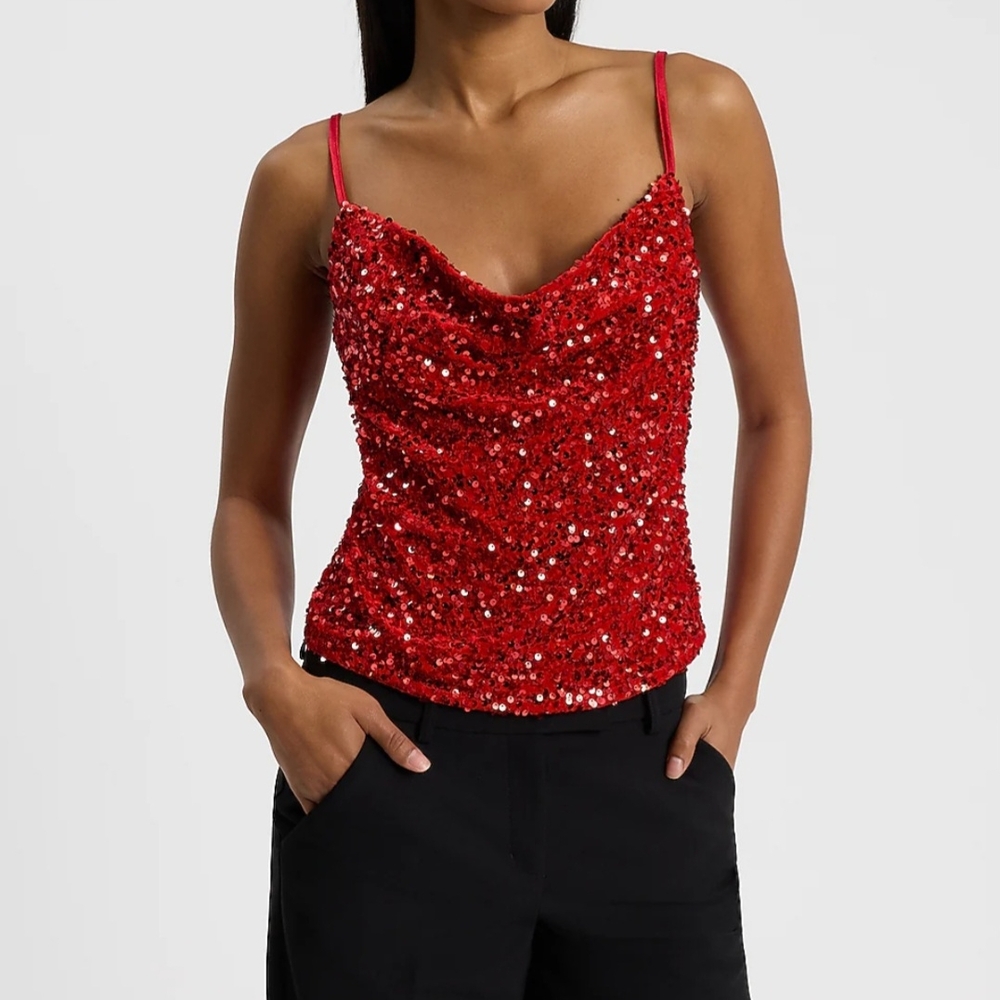 New Red Sequin Cami Cowl Neck Top Adjustable Straps Stretchy